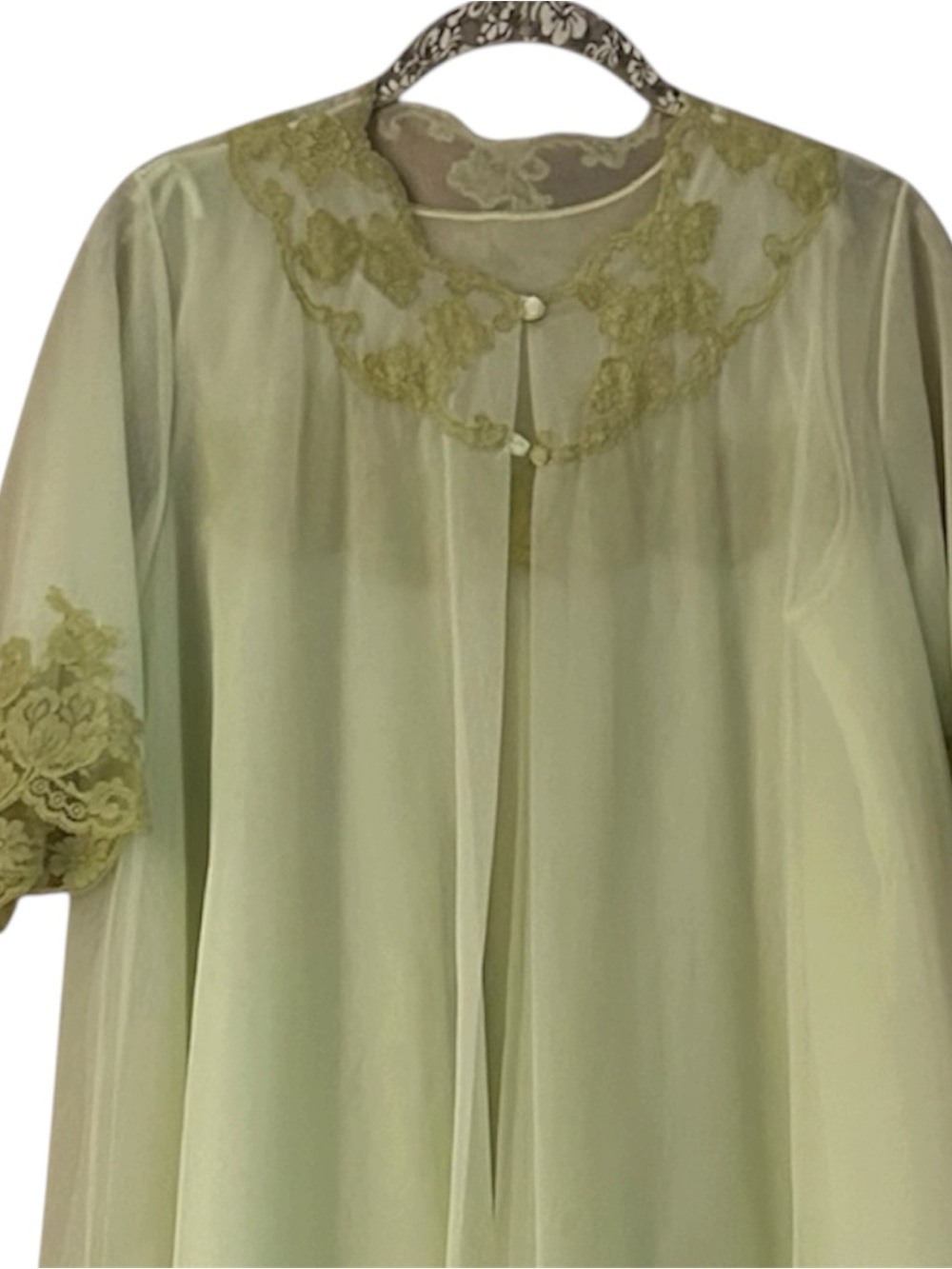Vintage 60s Sheer Nylon Peignoir Robe and Sleeveless Nightgown Mint Pistachio - Picture 3 of 8